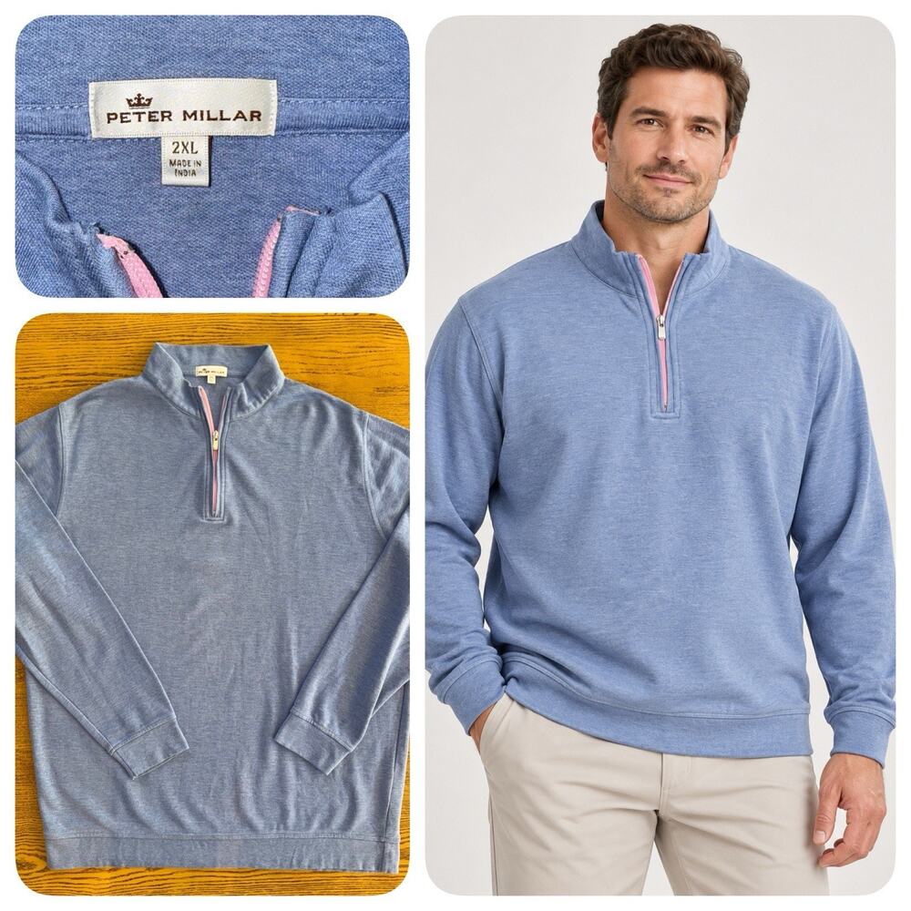 Peter Millar Crown Comfort Pullover 2XL Light Blue Contrast Pink 1/4 Zip Modal